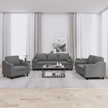 vidaXL Set de canapele cu perne, 3 piese, gri închis, textil
