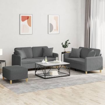 vidaXL Set de canapele cu perne, 3 piese, gri închis, textil
