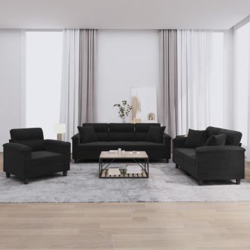 vidaXL Set de canapele cu perne, 3 piese, negru, microfibră