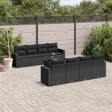 vidaXL Set mobilier de grădină cu perne, 9 piese, negru, poliratan