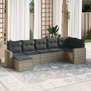 vidaXL Set canapele de grădină, 7 piese, cu perne, gri, poliratan