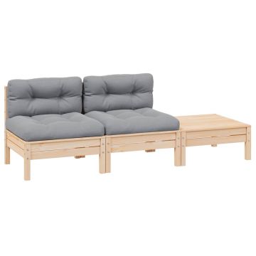 vidaXL Set mobilier de grădină cu perne gri, 3 piese, lemn masiv pin