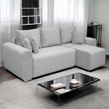 Coltar Canapea BEGA extensibil, cu arcuri si lada depozitare, colt interschimbabil, gri deschis, 240x153x80 cm