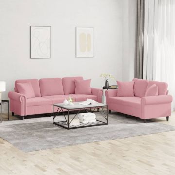vidaXL Set canapea cu perne, 2 piese, roz, catifea