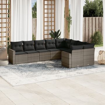 vidaXL Set canapele de grădină, 9 piese, cu perne, gri, poliratan