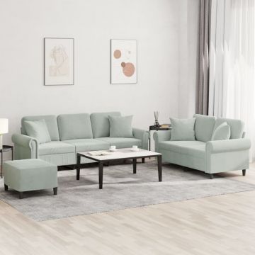 vidaXL Set de canapele, 3 piese, cu perne, gri deschis, catifea