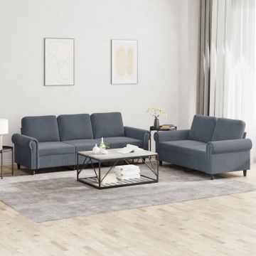 vidaXL Set de canapele cu perne, 2 piese, gri închis, catifea