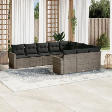 vidaXL Set mobilier de grădină cu perne, 10 piese, gri, poliratan