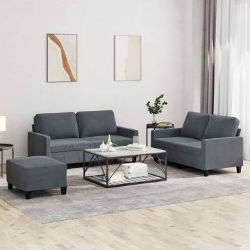 vidaXL Set de canapele cu perne, 3 piese, gri închis, catifea