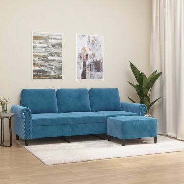 vidaXL Canapea cu 3 locuri și taburet, albastru, 180 cm, catifea