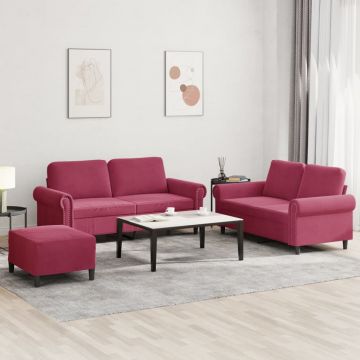 vidaXL Set canapea cu perne, 3 piese, roșu vin, catifea
