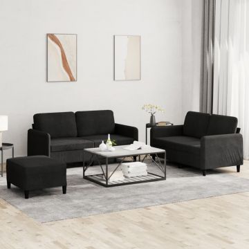 vidaXL Set de canapele, 3 piese, negru, catifea