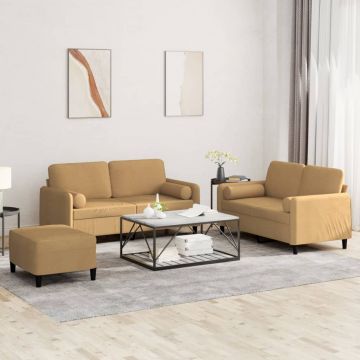 vidaXL Set de canapele cu perne, 3 piese, maro, catifea