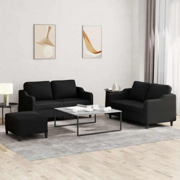 vidaXL Set de canapele cu perne, 3 piese, negru, textil