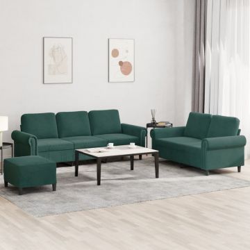 vidaXL Set de canapele cu perne, 3 piese, verde închis, catifea