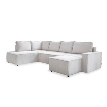 Colțar alb extensibil cu tapițerie din catifea reiată (cu colț pe partea stângă /în formă de 