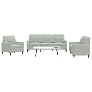 vidaXL Set de canapele cu perne, 3 piese, gri deschis, catifea