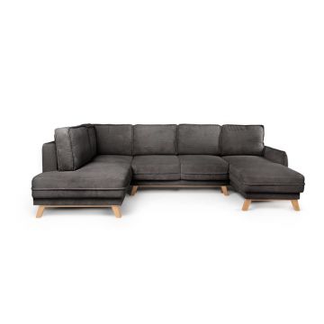 Colțar gri extensibil cu tapițerie din catifea reiată (cu colț pe partea stângă /în formă de 