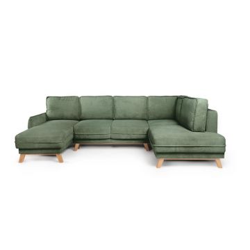 Colțar verde deschis extensibil cu tapițerie din catifea reiată (cu colț pe partea dreaptă/în formă de 