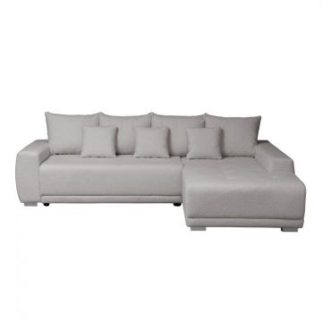 Coltar MARIBO BUCLE extensibil, cu arcuri si lada depozitare, colt dreapta, gri cu nuante roz, 282x205x92 cm