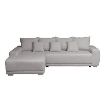 Coltar MARIBO BUCLE extensibil, cu arcuri si lada depozitare, colt stanga, gri cu nuante roz, 282x205x92 cm