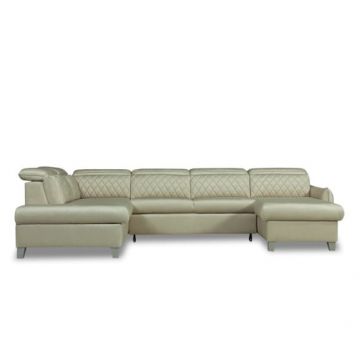 Coltar U Extensibil Cu Lada Tiago, Stanga, 6 Locuri, Tetiere Reglabile, Crem 330 Cm