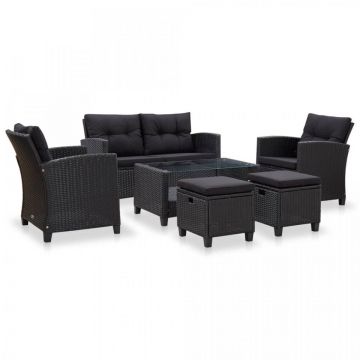 Set mobilier de grădină cu perne, 6 piese, negru, poliratan