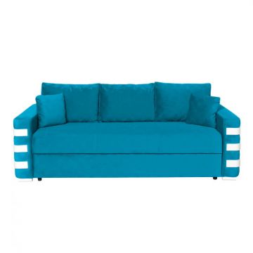Canapea LIMA extensibila, 3 locuri, cu arcuri si lada depozitare, turcoaz + ornamente alb, 230x110x80 cm
