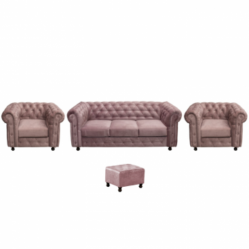 Set CHESTERFIELD 3-1-1, canapea extensibila 3 locuri si 2 fotolii fixe, roz prafuit + 1 Taburet Cadou
