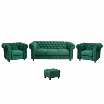 Set CHESTERFIELD 3-1-1, canapea  extensibila 3 locuri si 2 fotolii fixe, verde + 1 Taburet Cadou