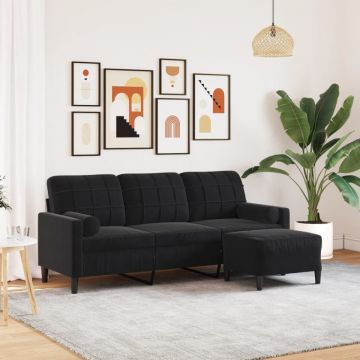 Canapea cu 3 locuri și taburet, negru, 180 cm, catifea