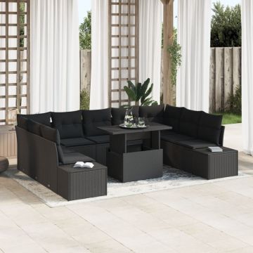 Set canapea grădină 10 piese Negru Ratan, Stoff Canapea grădină
