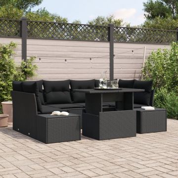 Set Canapea Grădină 7 Piese Negru Poliratan, sticlă