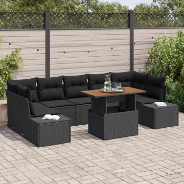 Set de Canapea pentru Grădină Set de 8 Negru și lemn natural