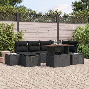 Set de Sofa de Grădină Set de 7 Negru Poliratan, Sticlă Securizată
