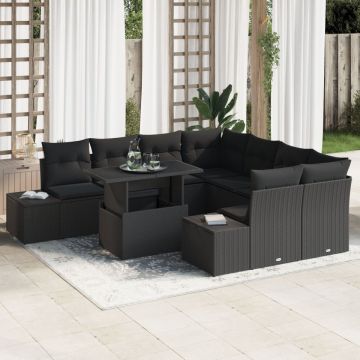 Set Sofă Grădină 9 Piese Negru Ratan, Poliester, Sticlă