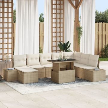 Set Sofa Gradina Set de 9 Bej Ratan Poli Sofa Coltar Gradina