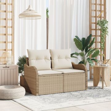 Sofa de grădină cu 2 locuri cu depozitare și perne Bej din ratan sintetic