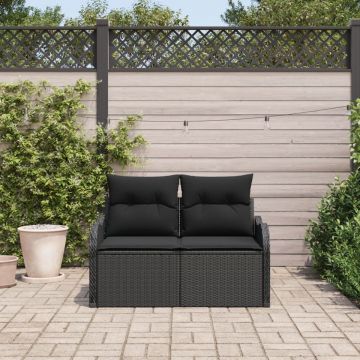 Sofa de grădină cu 2 locuri cu depozitare și perne Poli Rattan Negru
