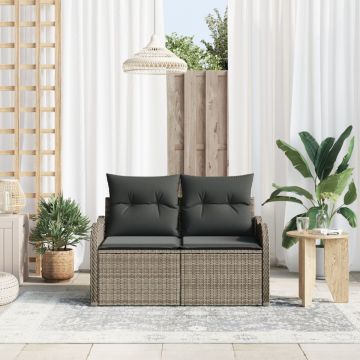 Sofa de grădină cu două locuri cu depozitare și perne, gri din rattan sintetic
