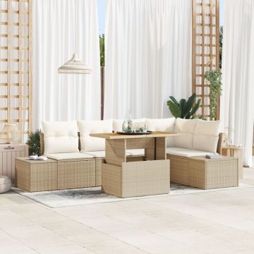 Set de Masă pentru Grădină 6 Piese cu Perne Bej Ratan Poly Acacia