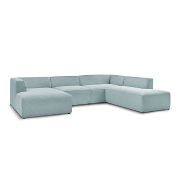 Colțar modular albastru deschis cu tapițerie din catifea reiată (cu colț pe partea dreaptă/în formă de 