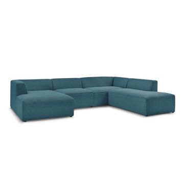 Colțar modular albastru închis cu tapițerie din catifea reiată (cu colț pe partea dreaptă/în formă de 