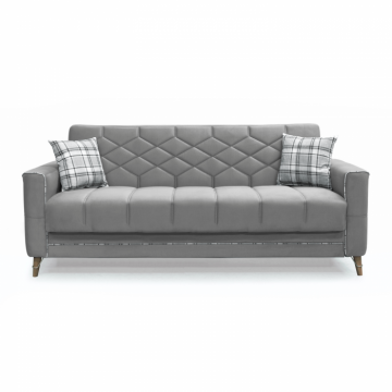Canapea extensibila ALICE, 3 locuri, cu arcuri si lada pentru depozitare, gri + print, 225x85x85 cm
