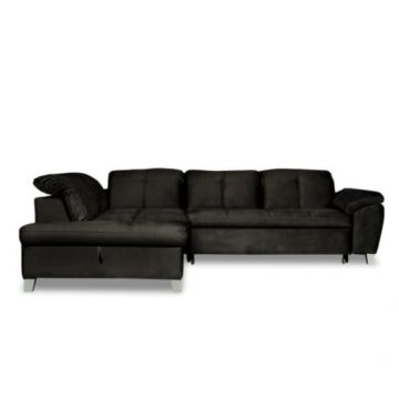 Coltar Extensibil Cu Otoman Mic Stanga Sevilia Lux, Lada Depozitare, 5 Locuri, Tetiere Reglabile, Negru, 280 Cm