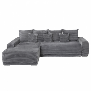 Coltar MARIBO T extensibil, cu arcuri si lada depozitare, colt stanga, gri inchis, 282x205x92 cm