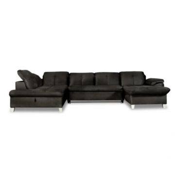 Coltar U Extensibil Sevilia Lux, Stanga, Lada Depozitare, 6 Locuri, Tetiere Reglabile, Negru, 355 Cm