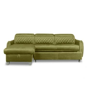 Coltar Extensibil Cu Insula Stanga Cu Lada Tiago, 5 Locuri, Tetiere Reglabile, Verde Olive, 243 Cm