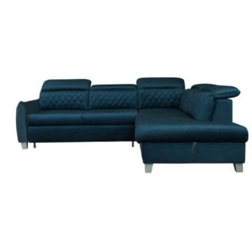 Coltar Extensibil Cu Otoman Dreapta Cu Lada Tiago, 5 Locuri, Tetiere Reglabile, Albastru, 255 Cm