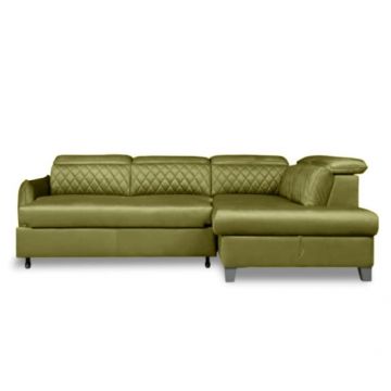 Coltar Extensibil Cu Otoman Dreapta Cu Lada Tiago, 5 Locuri, Tetiere Reglabile, Verde Olive, 255 Cm